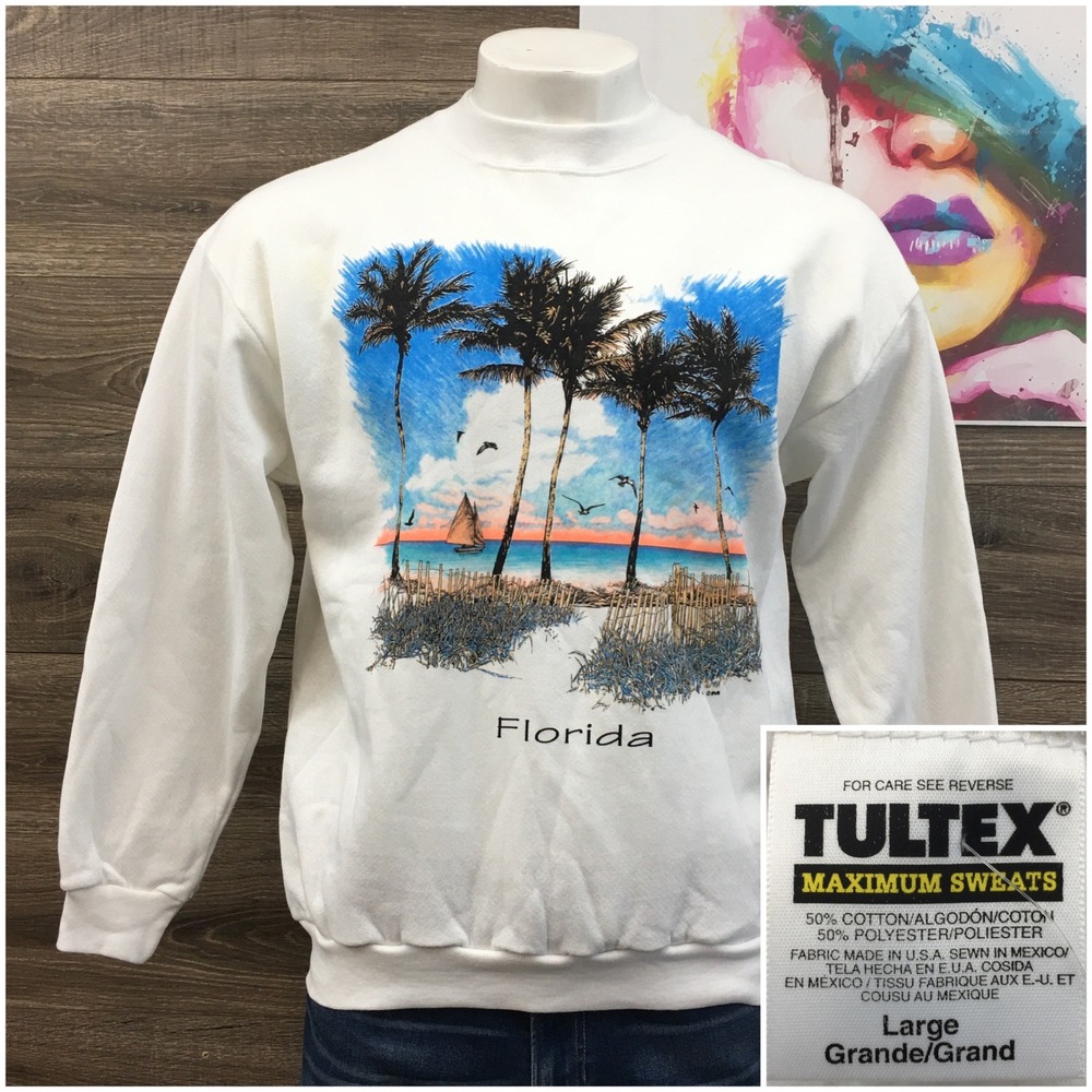 Vintage Tultex Florida Beach Graphic Sweatshirt White Mens Large NWT 90s